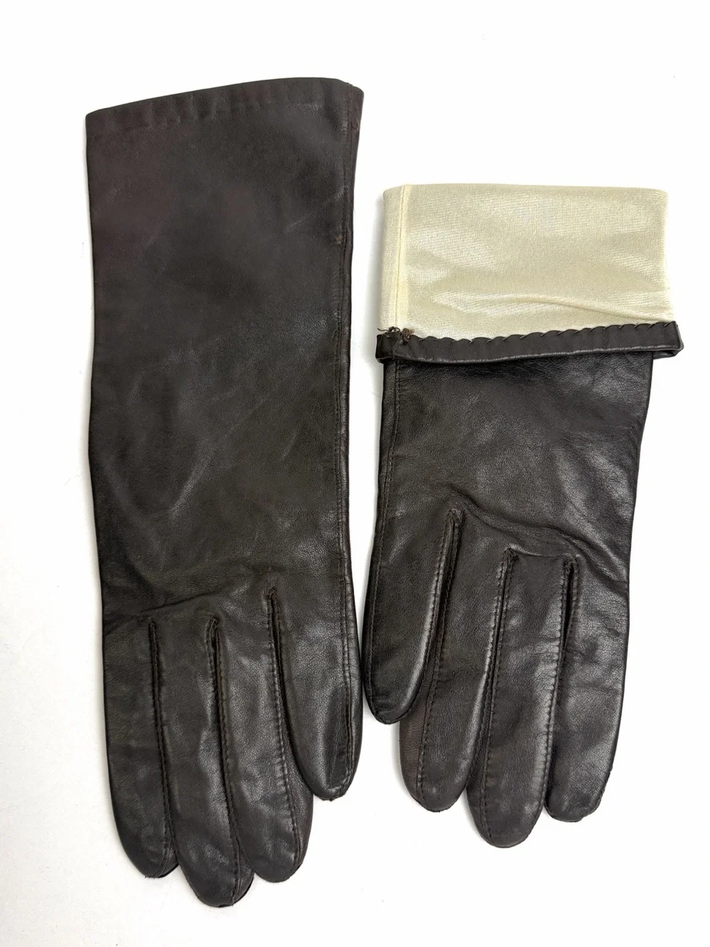 Vintage Shalimar Women’s Brown Genuine Leather Gloves Qiana size L Length 11